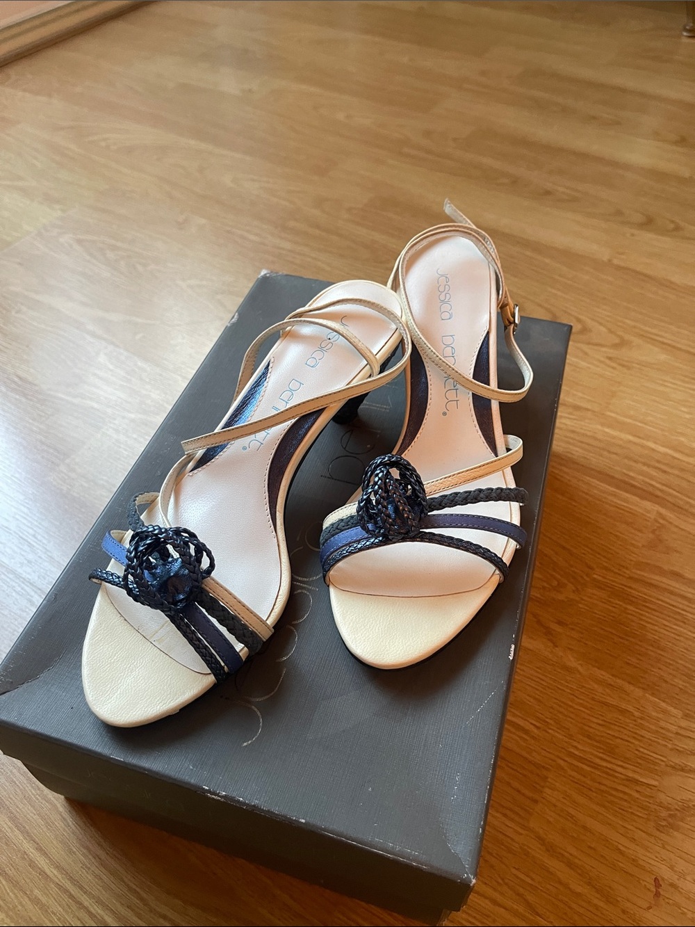 Jessica Bennett Cream and Navy Braided Knot Sandals